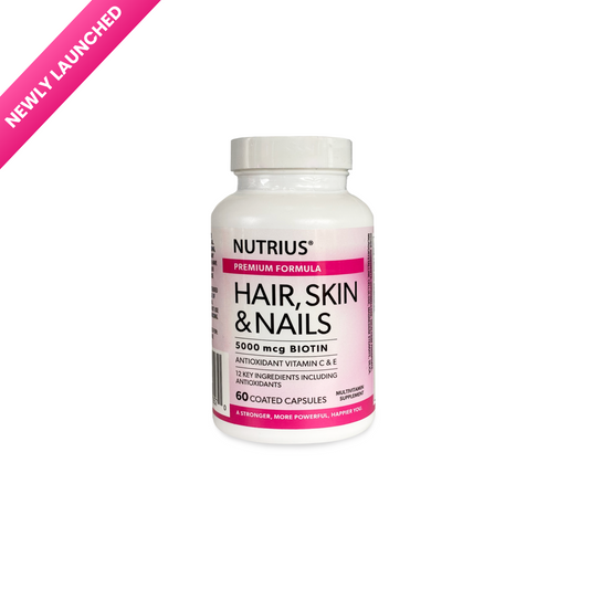 Nutrius Hair, Skin & Nails 5000 mcg Biotin with Antioxidant Vitamin C & E - 60 Coated Capsules